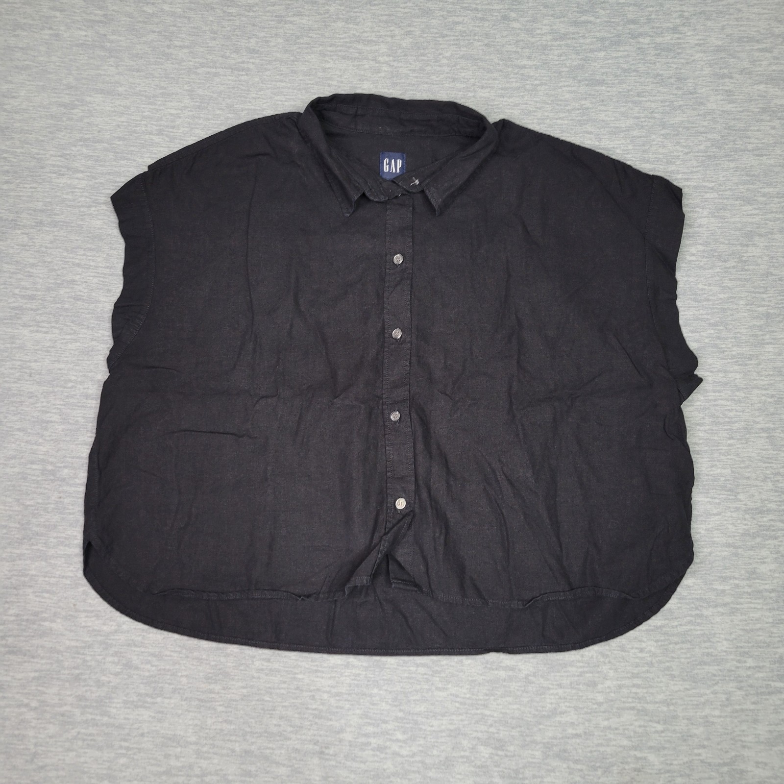 Gap Linen Rayon Shirt Women’s Large Crop Short Rolled Sleeves Black