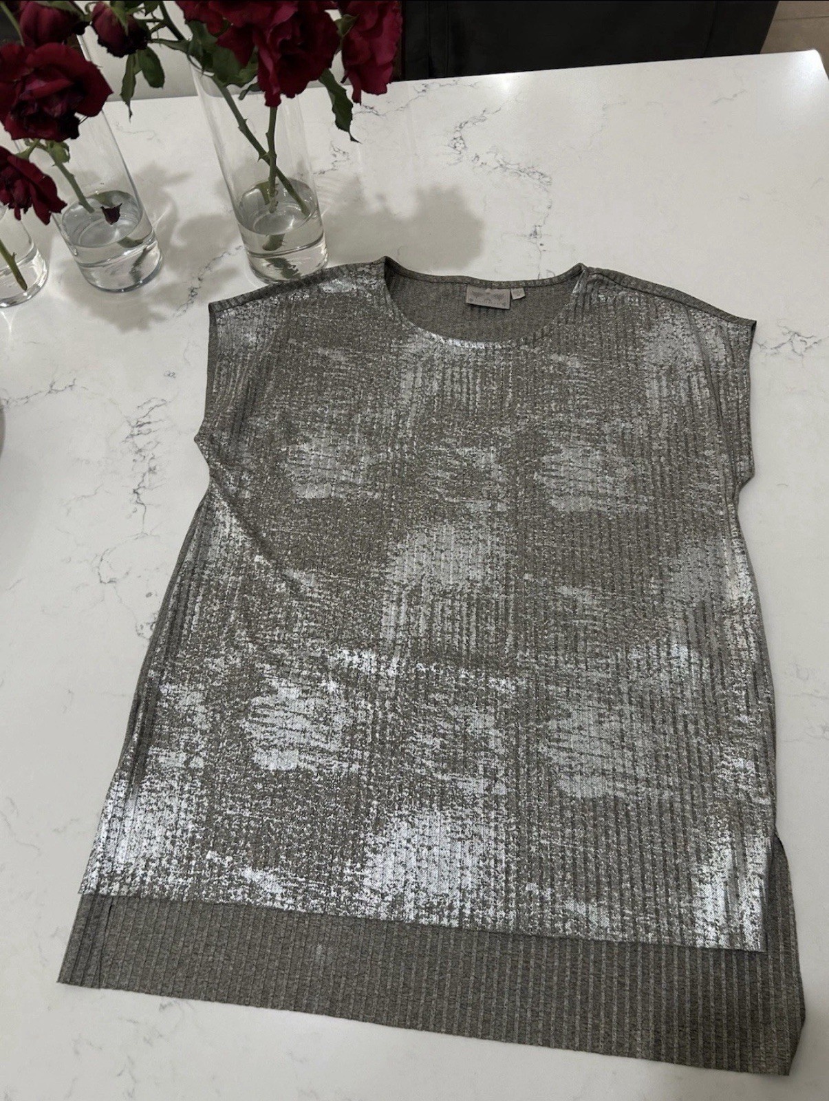 Dantelle Womens Metallic Silver Foil Abstract Marl Knit Cap Sleeve Top Taupe M