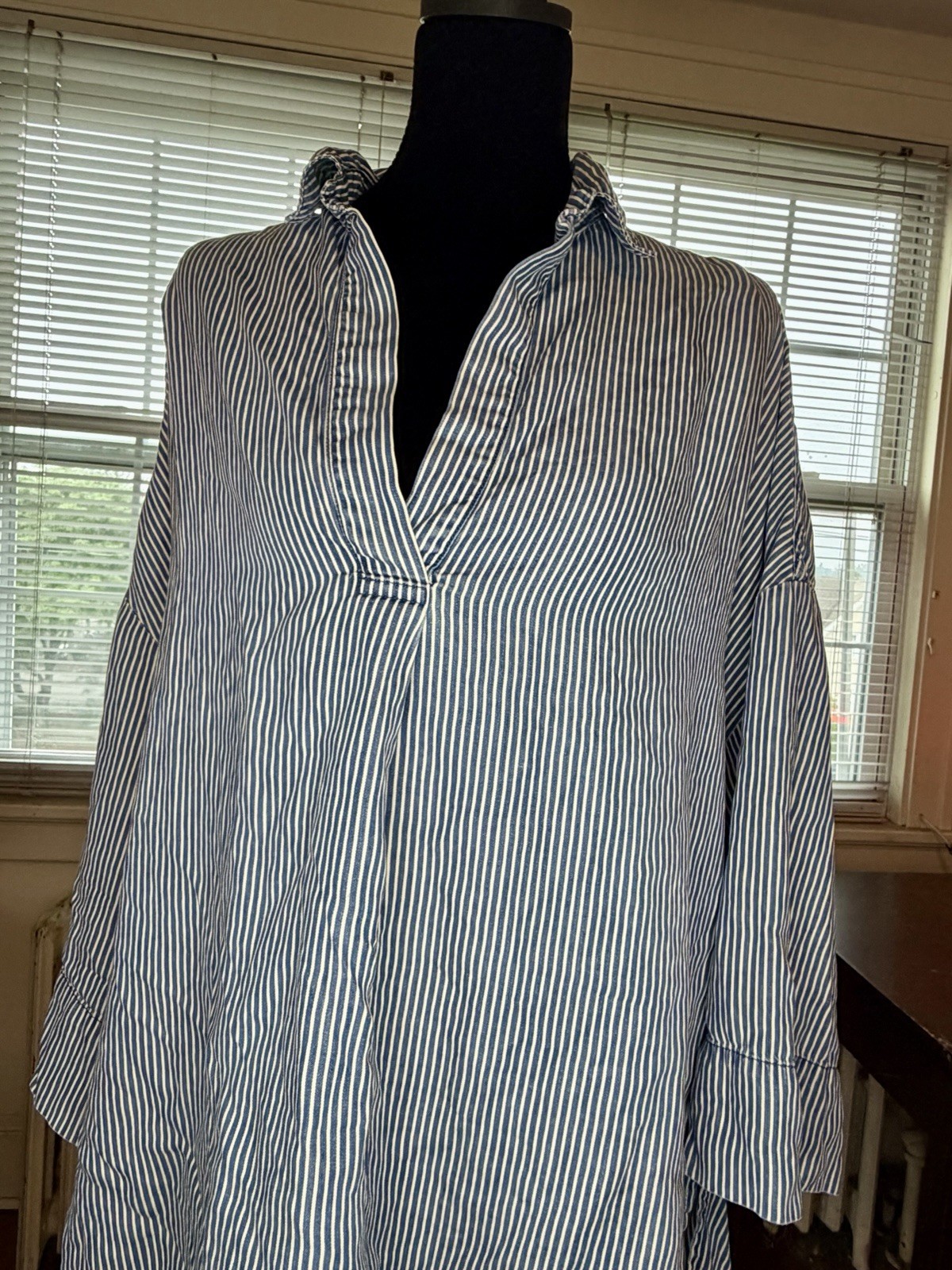 French Connection Blue and White Railroad Striped Tunic Collared Shirt