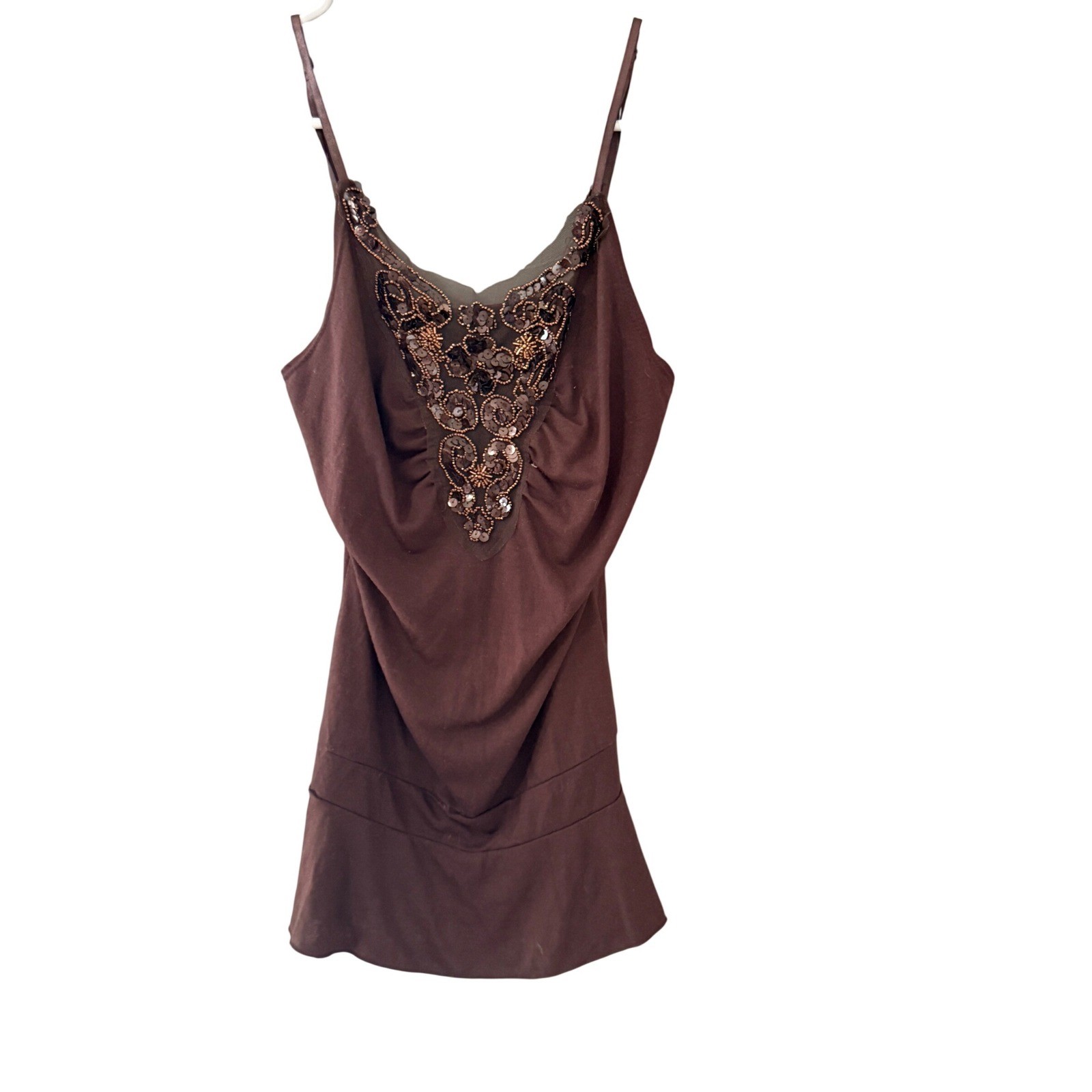 Twenty One Y2k Vintage Brown Beaded Sequin Ruched Peplum Camisole Top Fairy