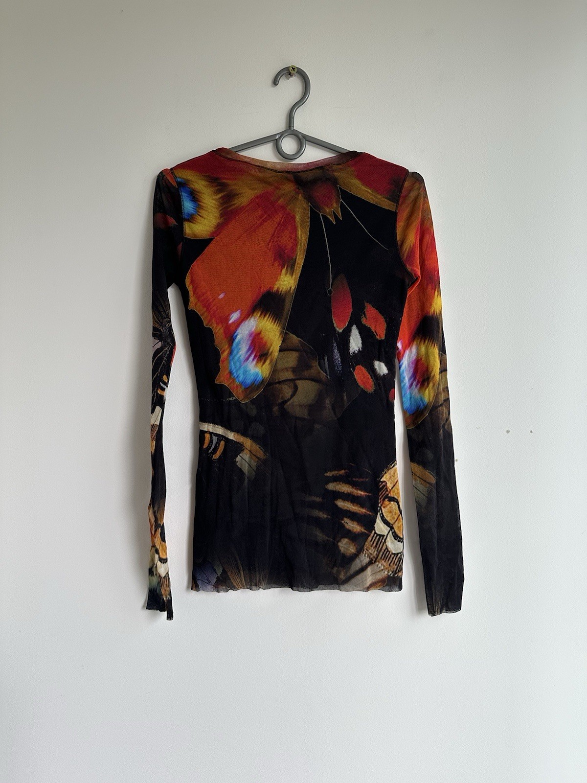 Vintage Fuzzi Jean Paul Gaultier Butterfly Print Long Sleeve Mesh Blouse Size XL