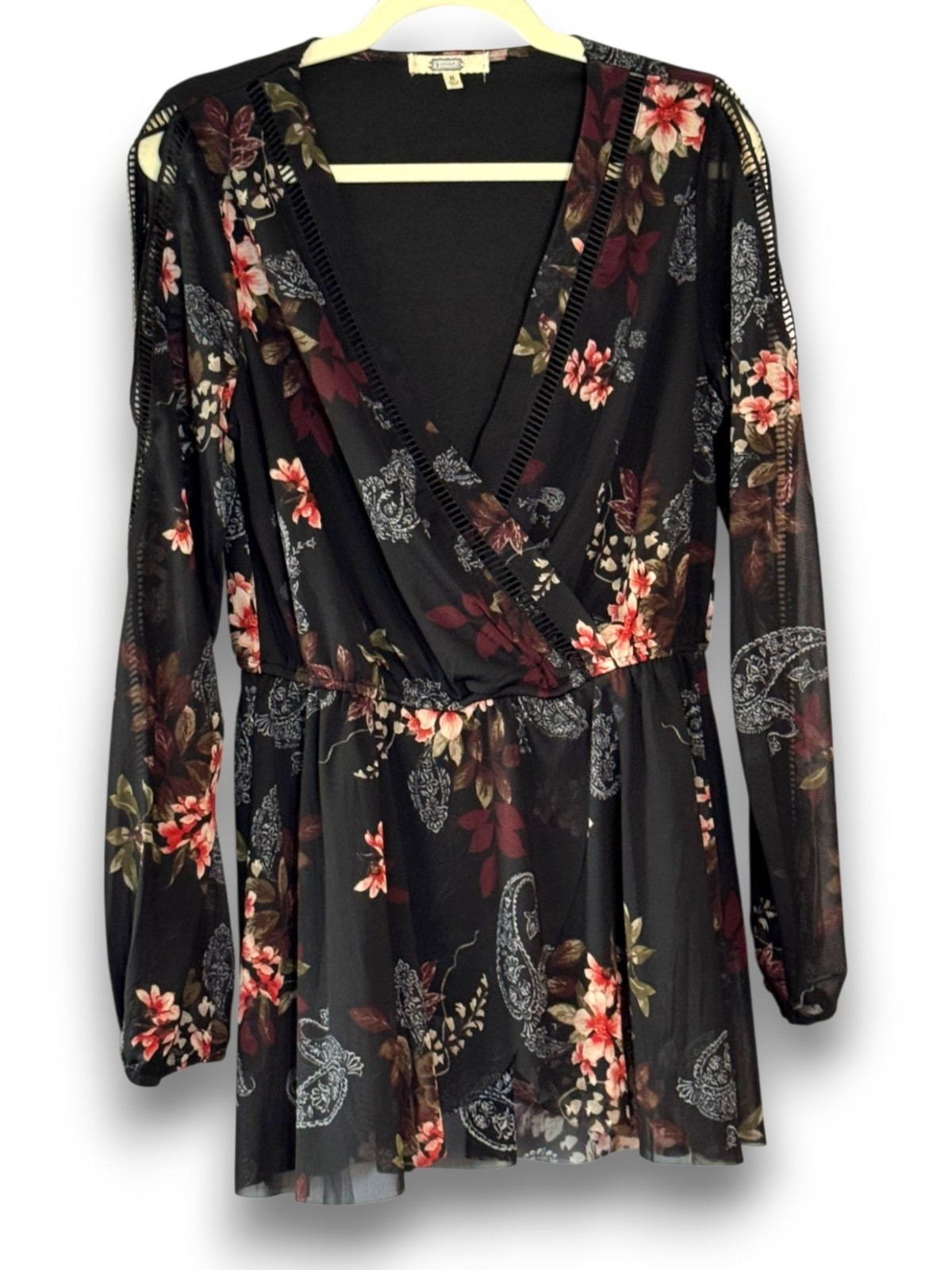 Gimmicks by BKE Black Floral Paisley Sheer Wrap Blouse Tunic Medium NWOT