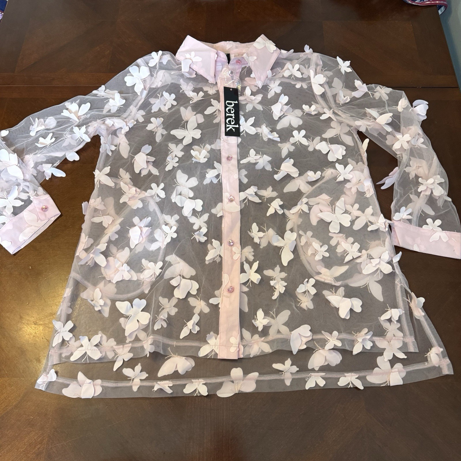 Berek Pink Butterfly Mesh Blouse 3D Applique Sheer Romantic Fairycore Top