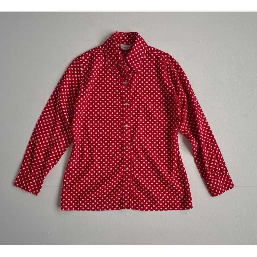 Vtg 70s Red Polkadot EVAN PICONE Collared Button Up Shirt / 14 / Retro Glam