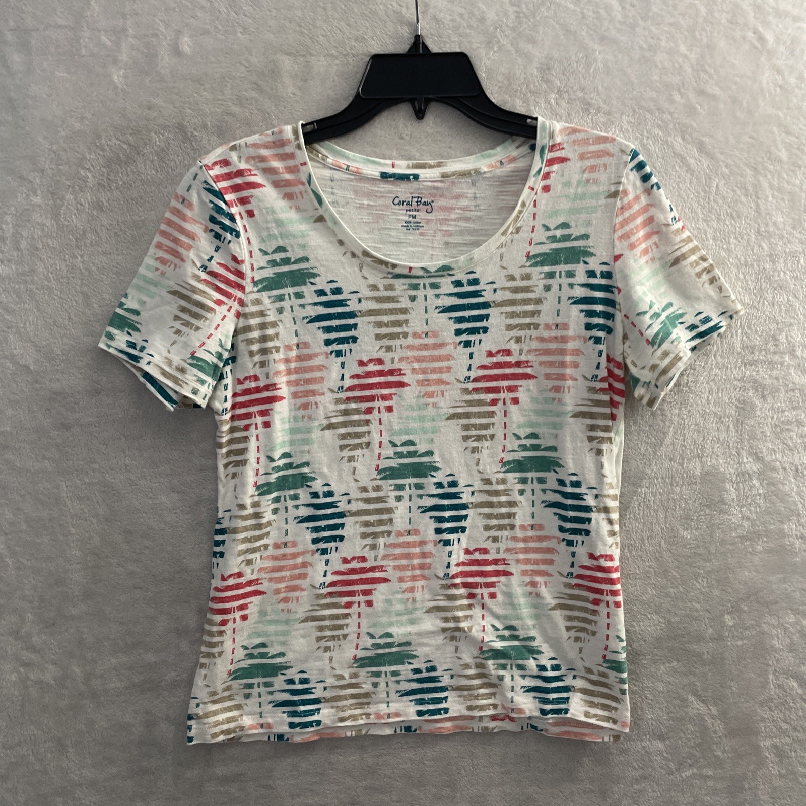 Coral Bay Womans Blouse Top White Palm Floral Petite PM Cotton Round Neck