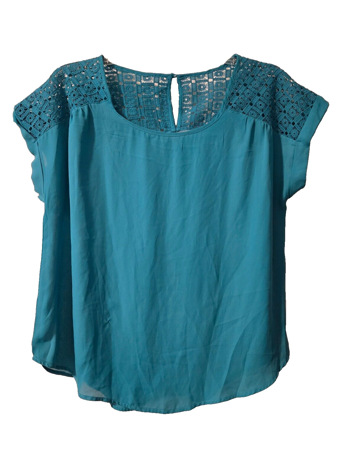 STELLA TWEED Teal Lace Shoulder Short Sleeve Blouse Size 1X