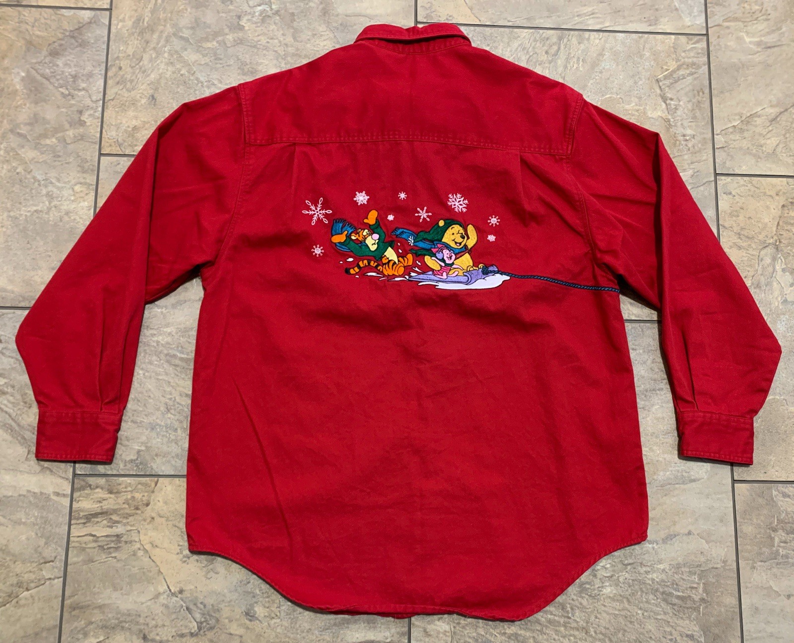 Vintage Disney Store Christmas Winnie Pooh Red Button Shirt Medium Embroidered