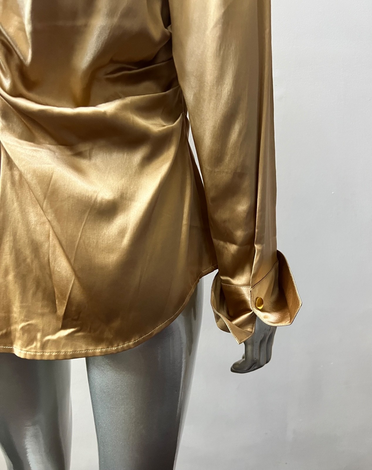 NWT Cache Silk Ruche Gold Long Sleeve Satin Sexy Plunging V Neck Top Blouse L