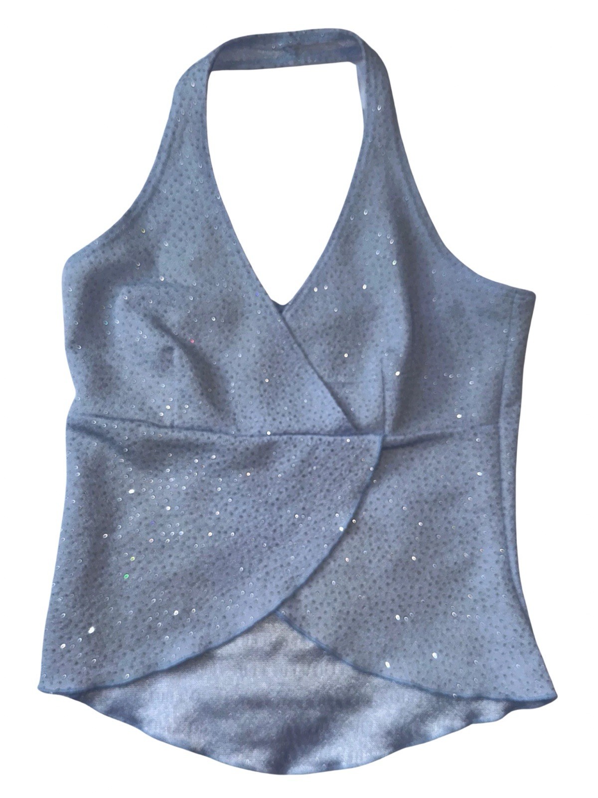 Vintage Y2K Rave Glitter Halter Top Blue Handkerchief Hem Open Back Womens S