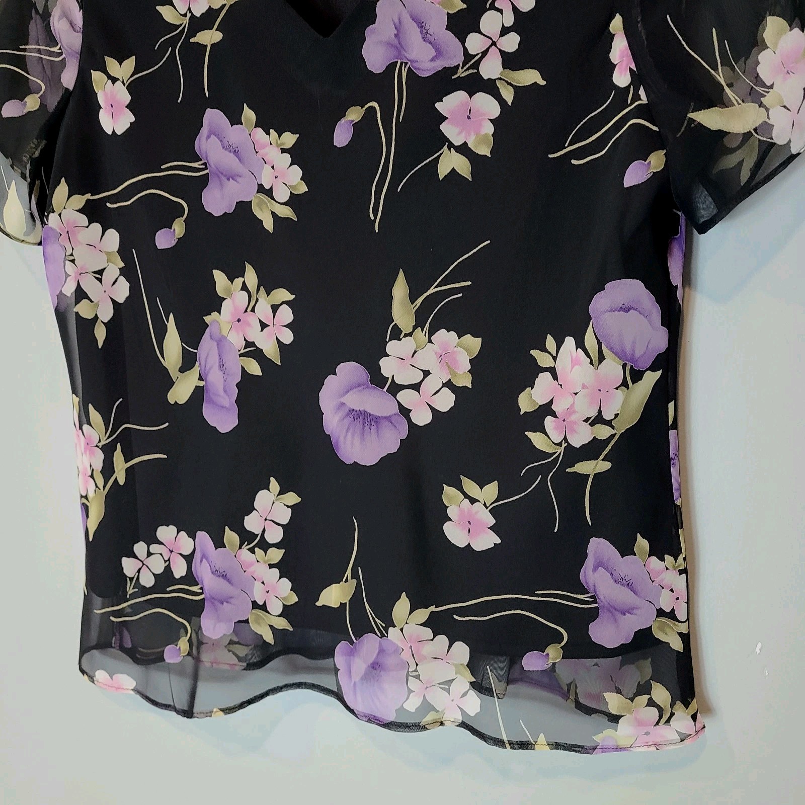 Vtg MSK Sheer Black Purple Floral Top Sz 16 Fairy Grunge Y2K Whimsigoth Festival