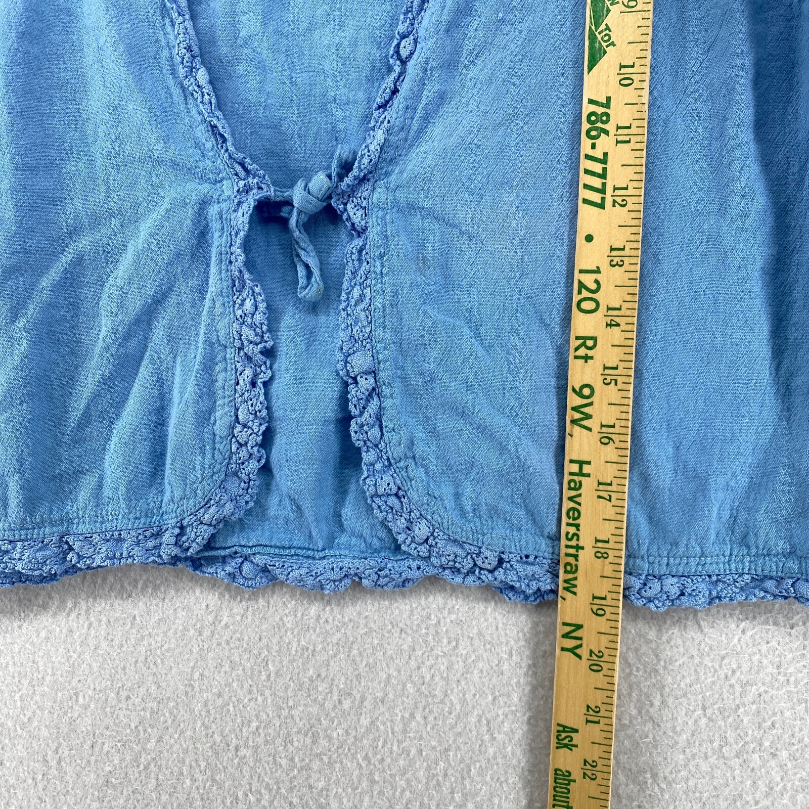 EUCALYPTUS Top Womens S Hand Crafted Crochet Trim Lagenlook Cotton Blue