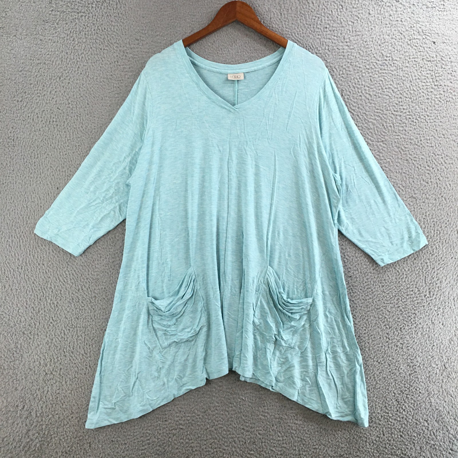 LOGO Lori Goldstein Tunic Top Womens Plus Size V Neck Pocket Stretch Cozy Teal