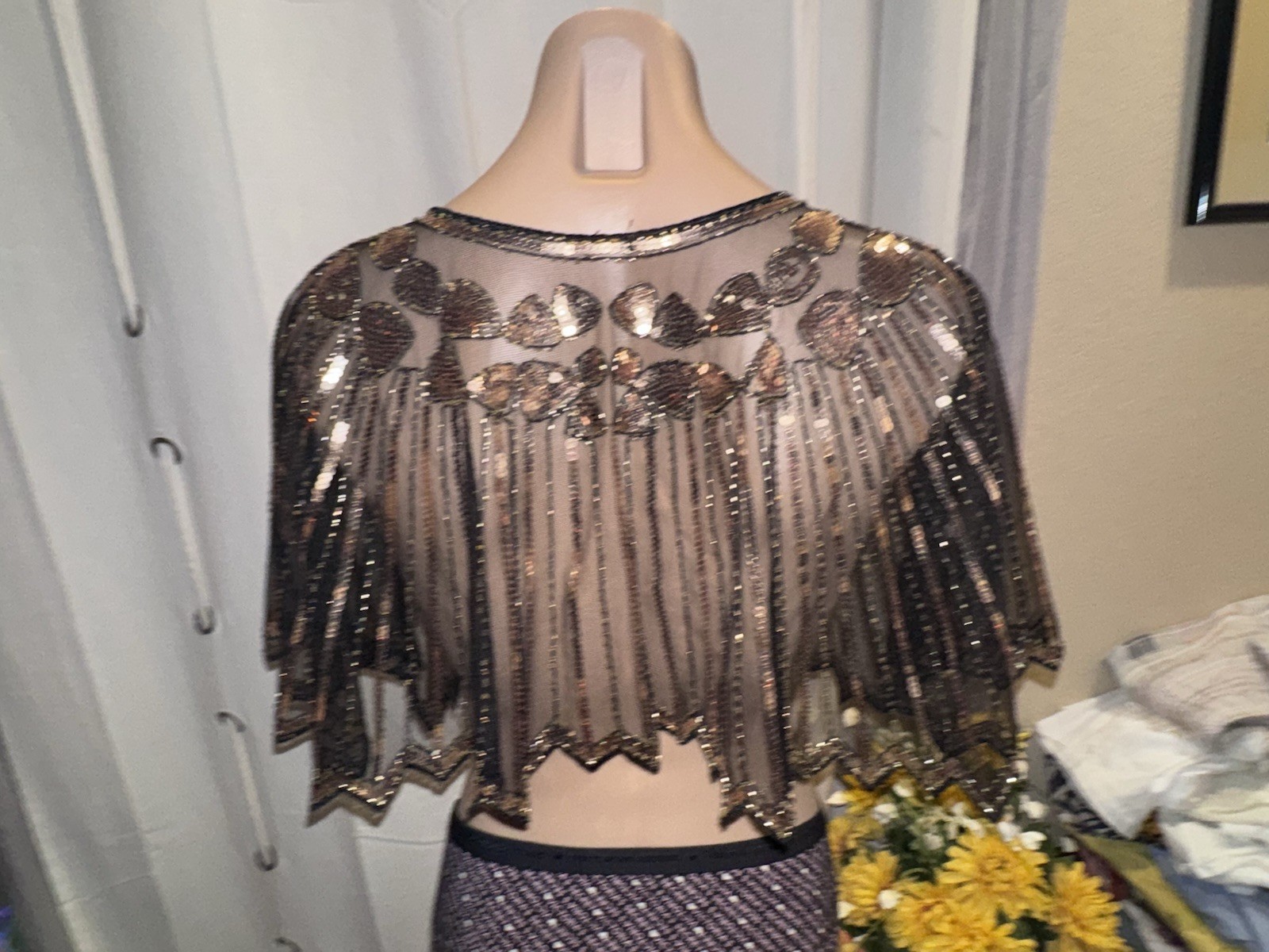 Black w/Gold Sequin Sheer Poncho Top Topper Size O/S GORGEOUS!!