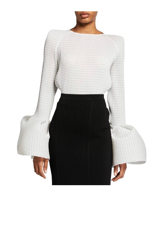 MATICEVSKI 2021 Curve white pleated wide flared lettuce hem top AUS 12 /8 Us