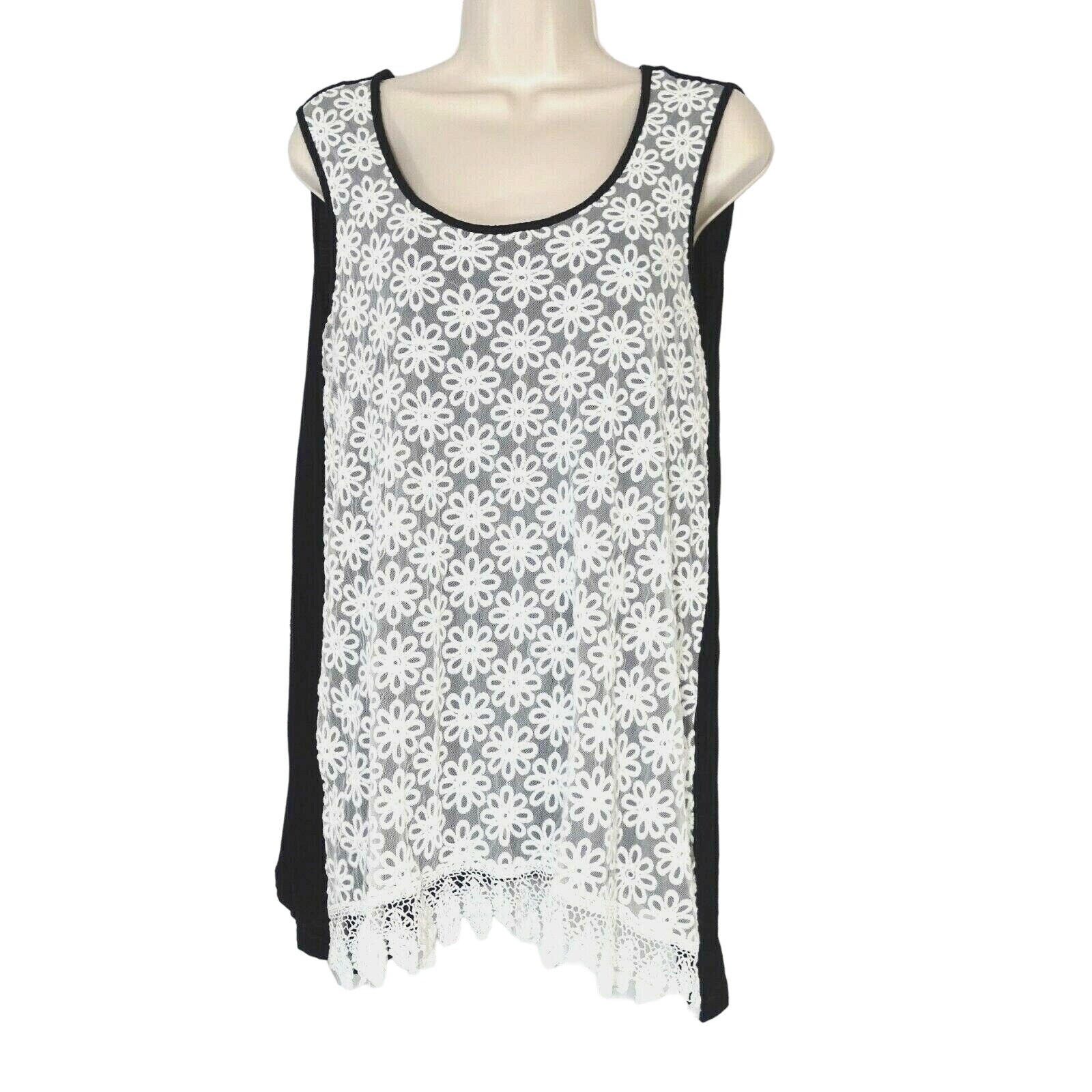 Isela Knit Tank Top Sleeveless Women Size M Black White Embroidered Overlay