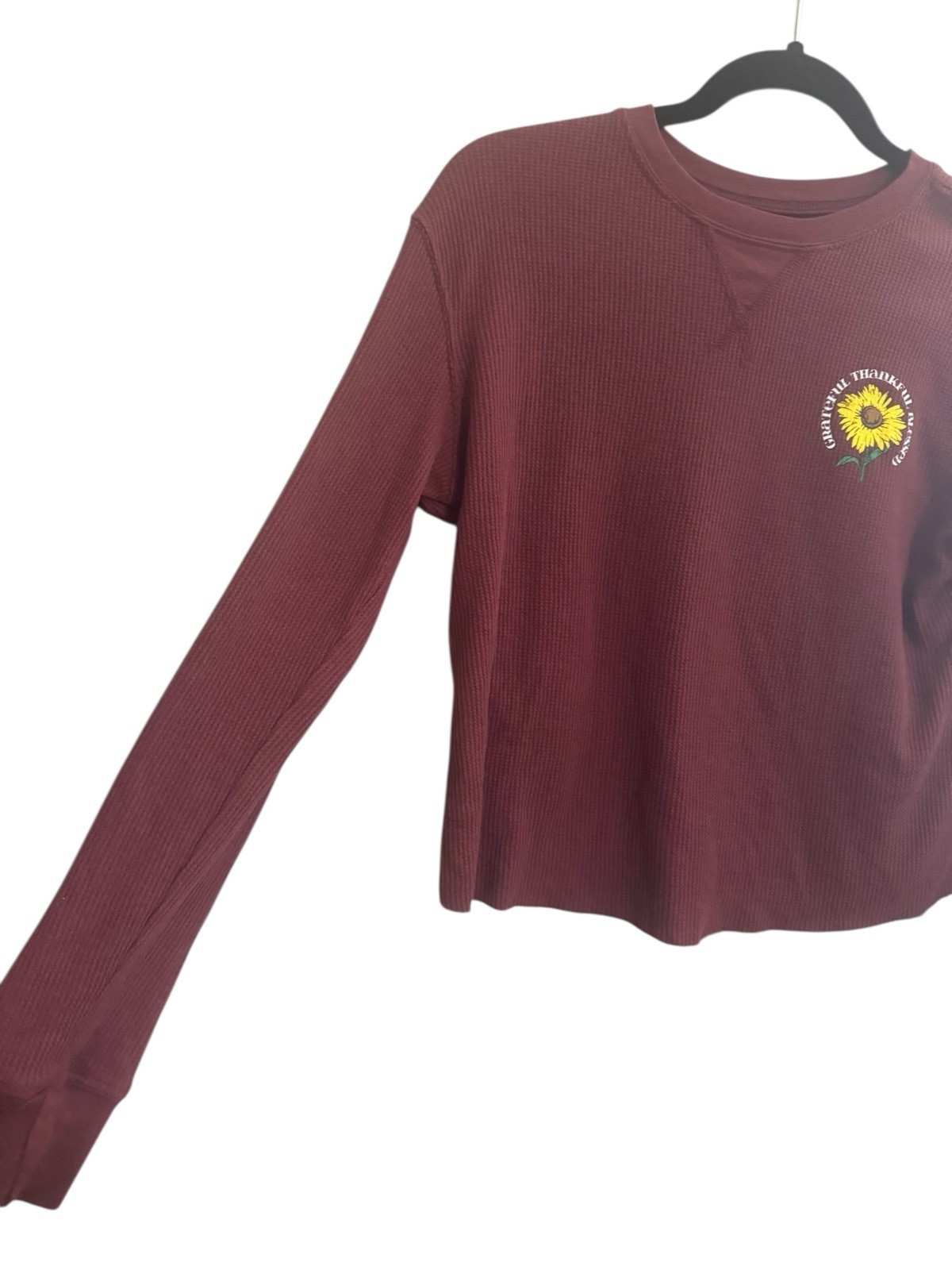 LOVE TRIBE Juniors XS Thankful Blessed Sunflower Waffle Top Burgundy #4796