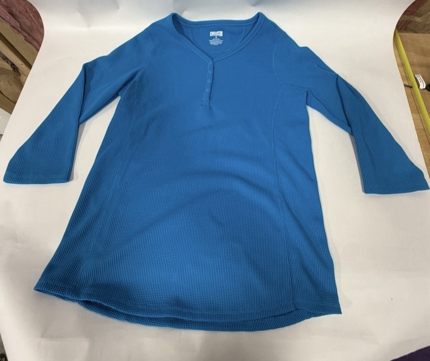 Duluth Trading Co Women’s Large Blue Waffle Henley Shirt Thermal Everyday C8