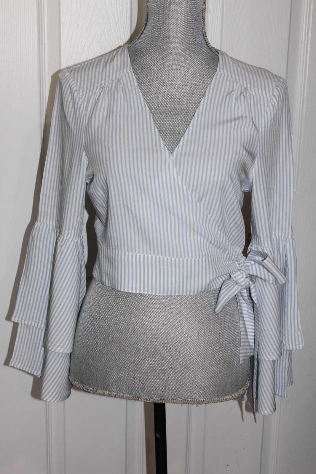 Jack by BB Dakota Blue White Stripe Top, Layered Bell Sleeves, Side Tie, Size S