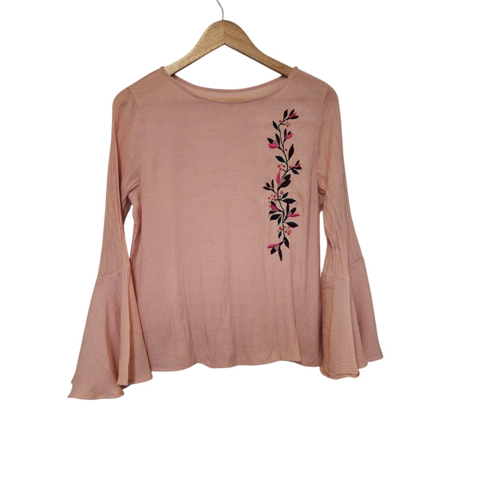 St Johns Bay Women PM Pink Floral Embroidery Long Bell Sleeve Lightweight Blouse