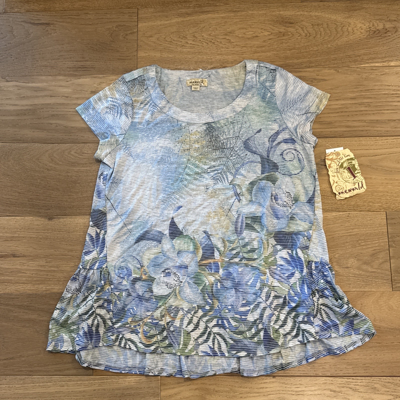 OneWorld Blue Floral Ruffle Hem Top Small Rhinestone Detail NWT