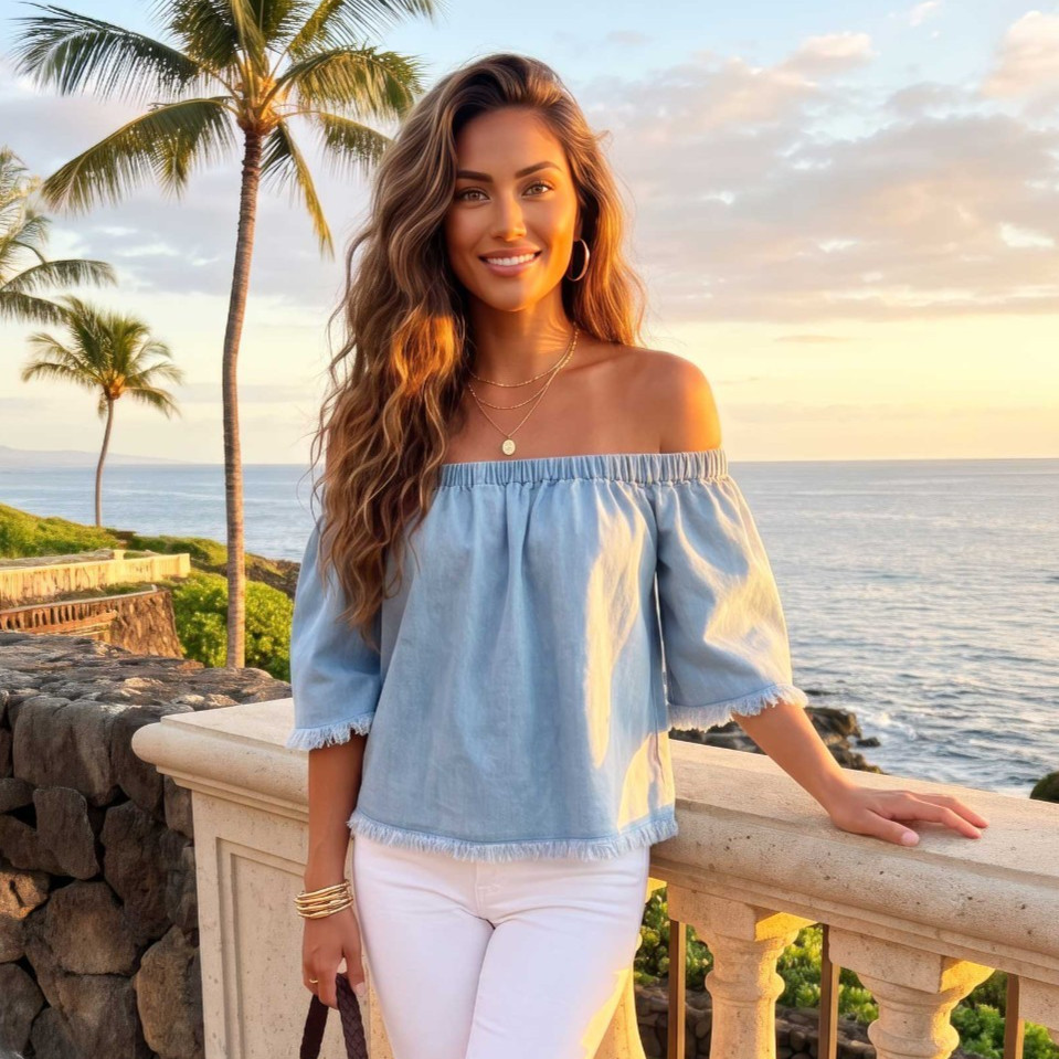 J.O.A. Off the Shoulder Frayed Denim Top Women’s Size M Light Wash RARE Boho EUC