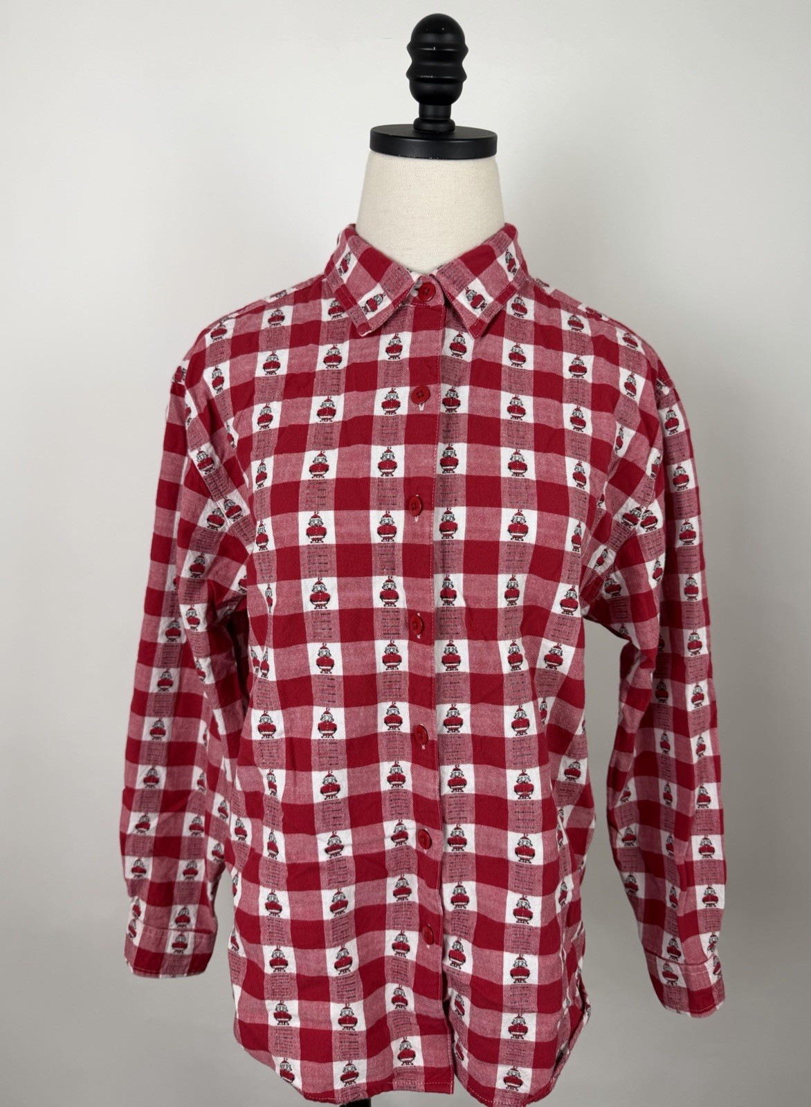Vintage Christmas Shirt Womens Medium Holiday Santa Claus Red Gingham Plaid 90s