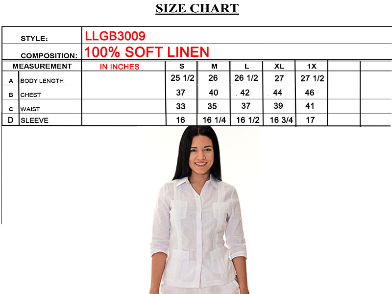 Ladies NAVY 100% Linen Guayabera Traditional (4) Pocket 3/4 Sleeve Top -LLGB3009