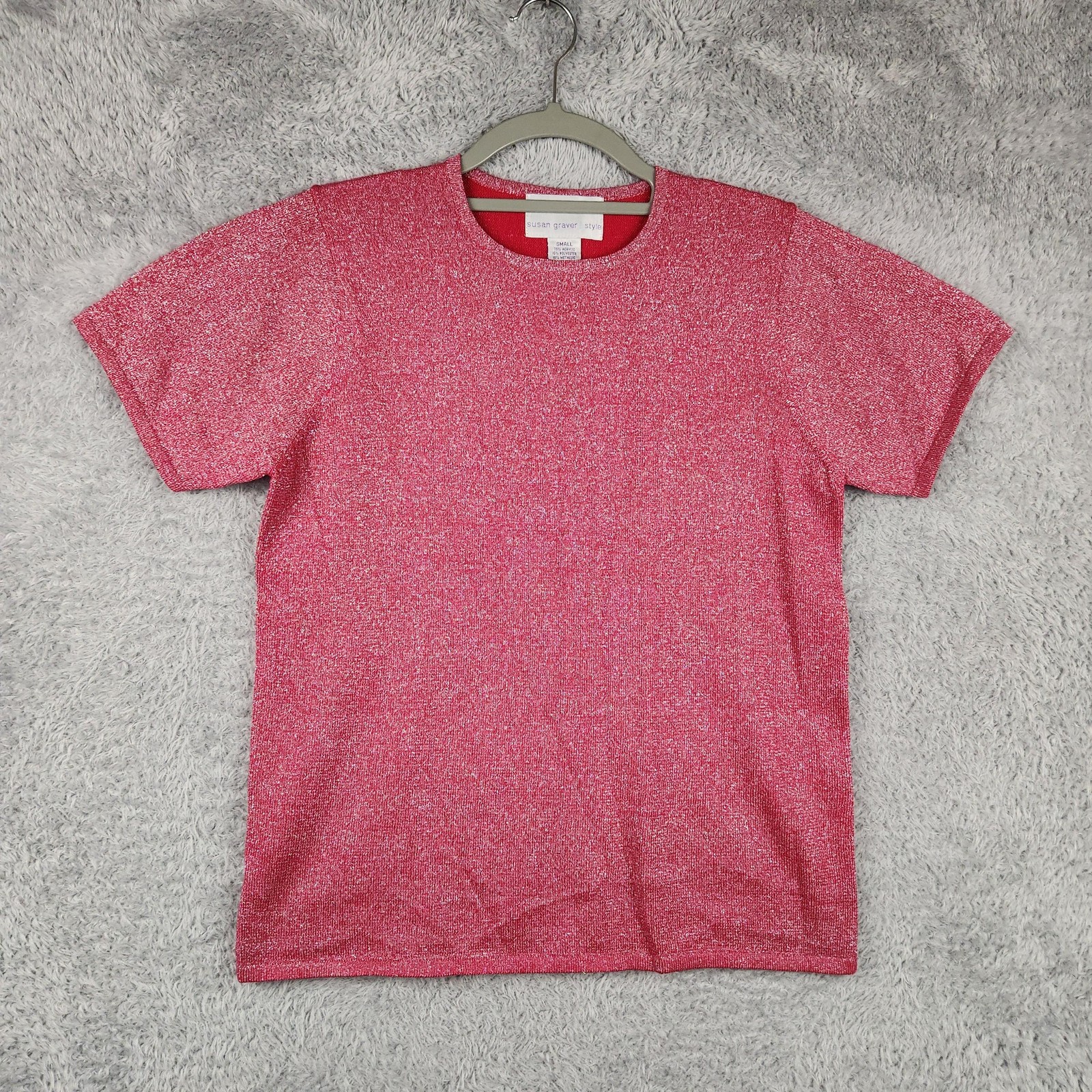 Susan Graver Style Shirt Womens Small Pink Glitter Metallic Knit Party DiscoY2k
