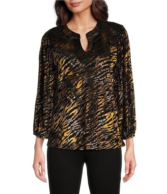 NWT CALESSA 3X Gold Multi Animal Print Velvet Burnout Knit Split Neck Tunic
