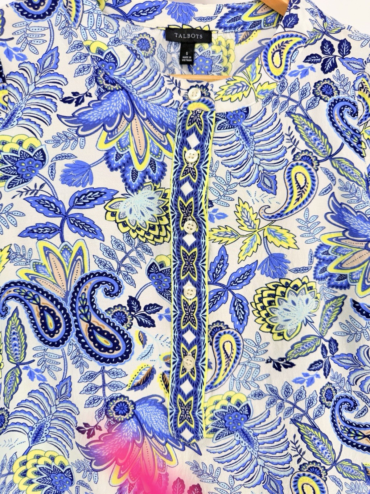 Talbots Viscose Paisley Tunic Top S Small Blue Lime Floral Boho Cottagecore