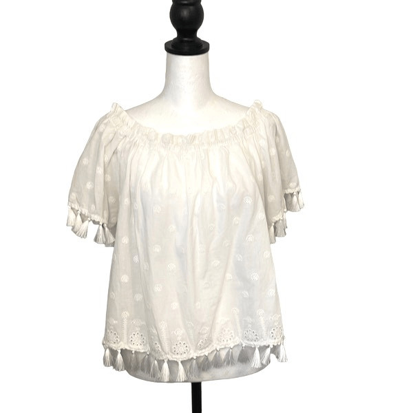 In Loom Tassel Accent Boho Eyelet Rayon Top Off White Size Small