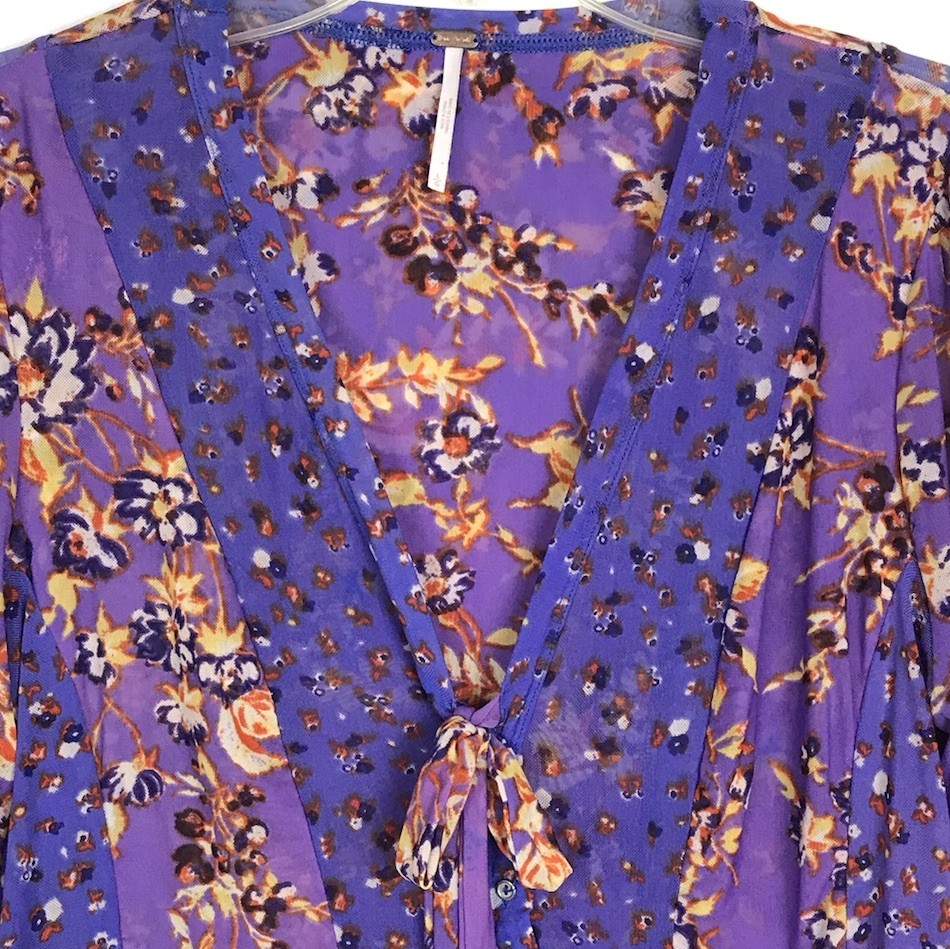 Free People Floral Long Sleeve V-Neck Button Bell Sleeve Mesh Top Tie Size Large