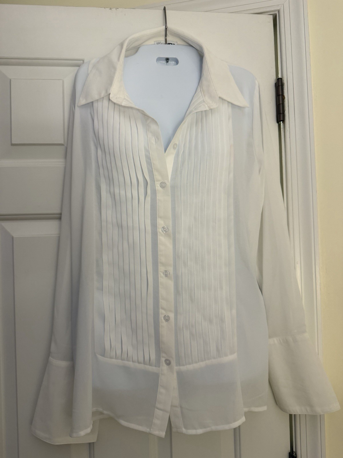 Fashion Nova White Pleated Tuxedo Button Front Sheer Blouse L