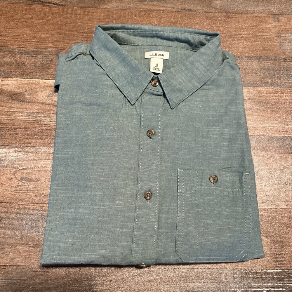 LL Bean Green Linen Long Sleeve Buttonup Shirt Women Size Medium Cotton Spandex