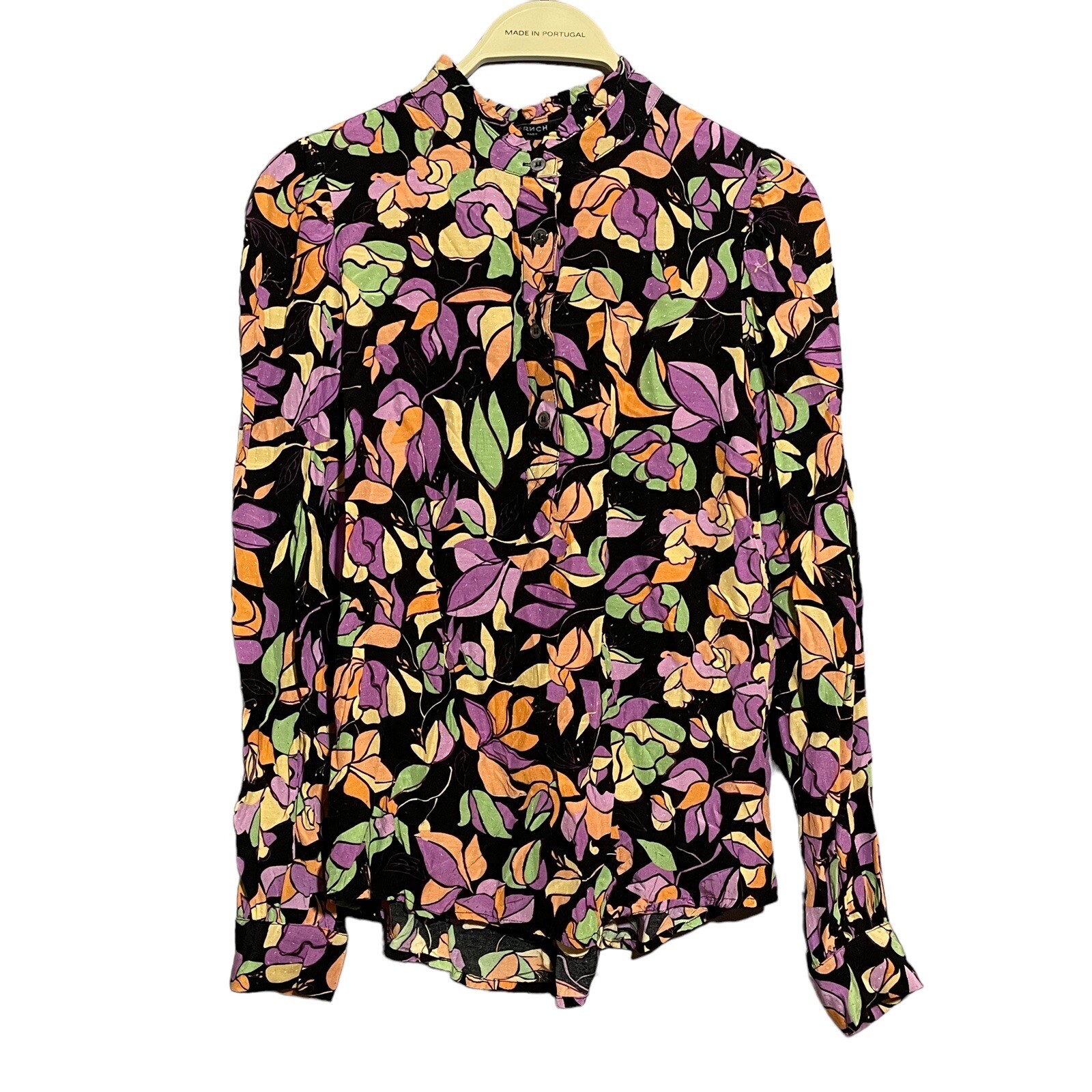Frnch Paris Blouse Button Shirt Women Size M Colorful Flower Floral Retro Boho