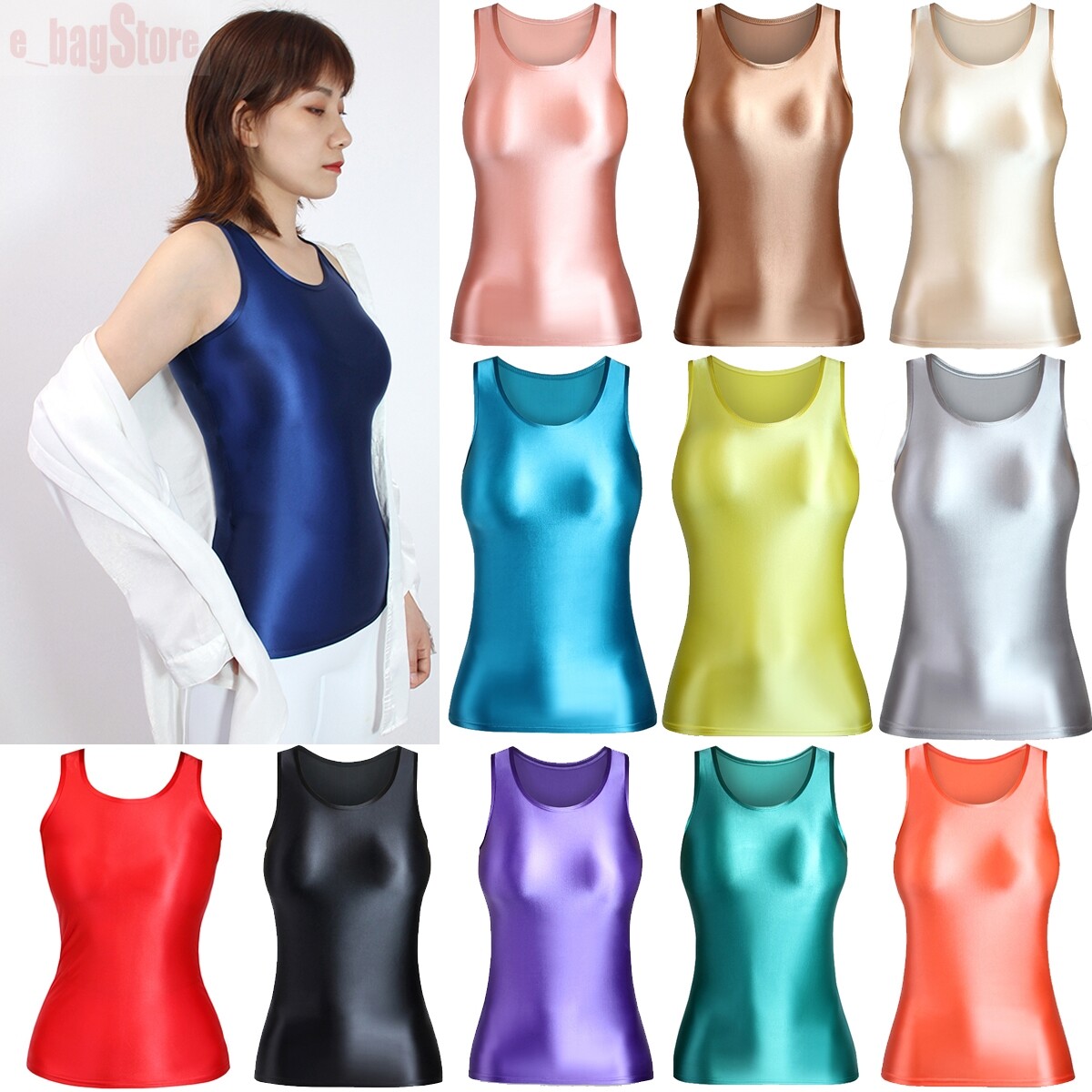 MJINM Women Oil Shiny Elastic Camisole Sleeveless Slim Fit Tank Top Casual Vest