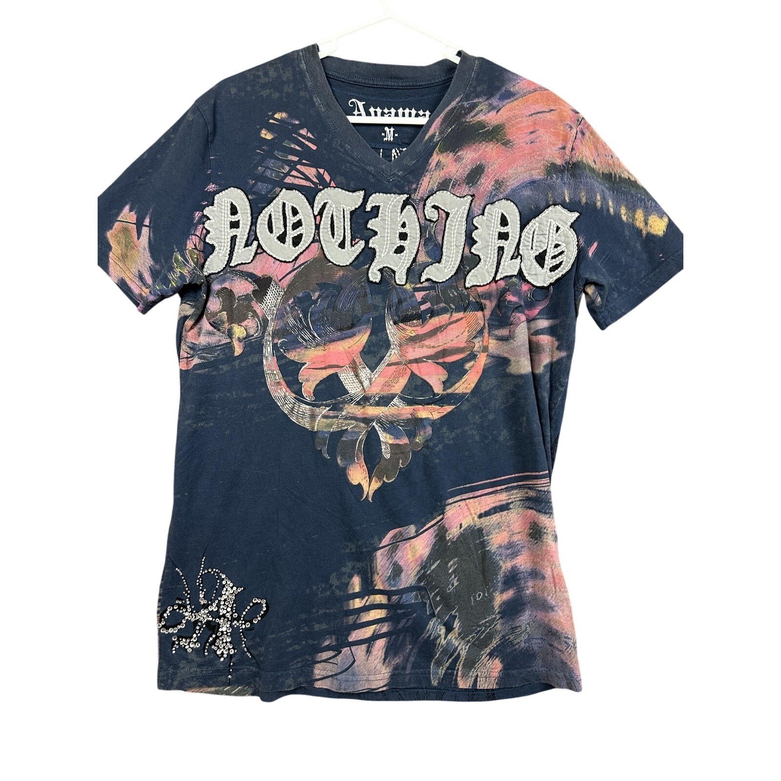 Anama Shirt Womens Medium Navy V-Neck Graphic Rhinestone Gothic Tie Dye AMS08007