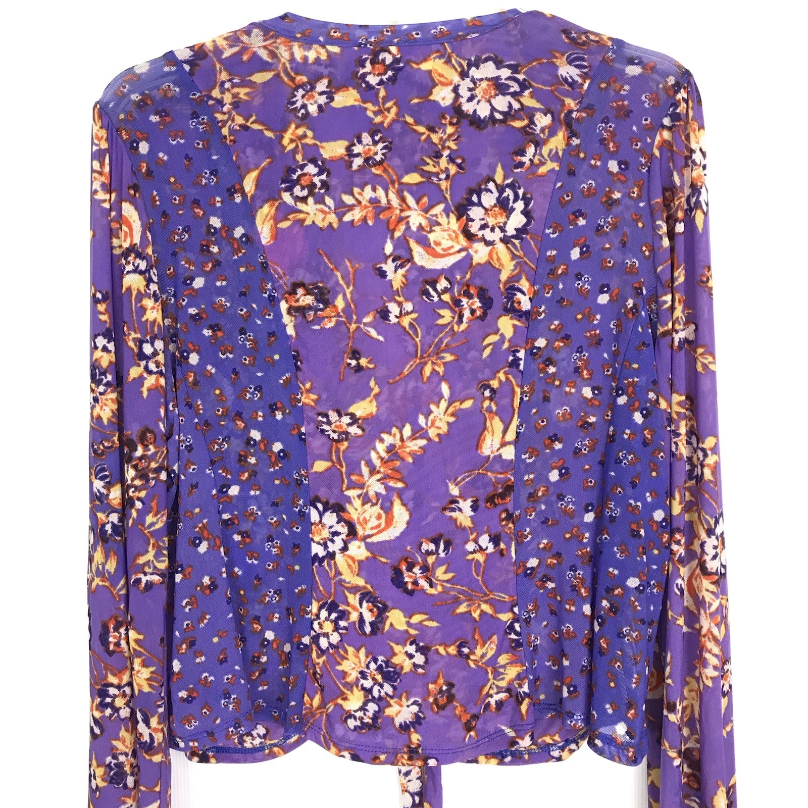 Free People Floral Long Sleeve V-Neck Button Bell Sleeve Mesh Top Tie Size Large