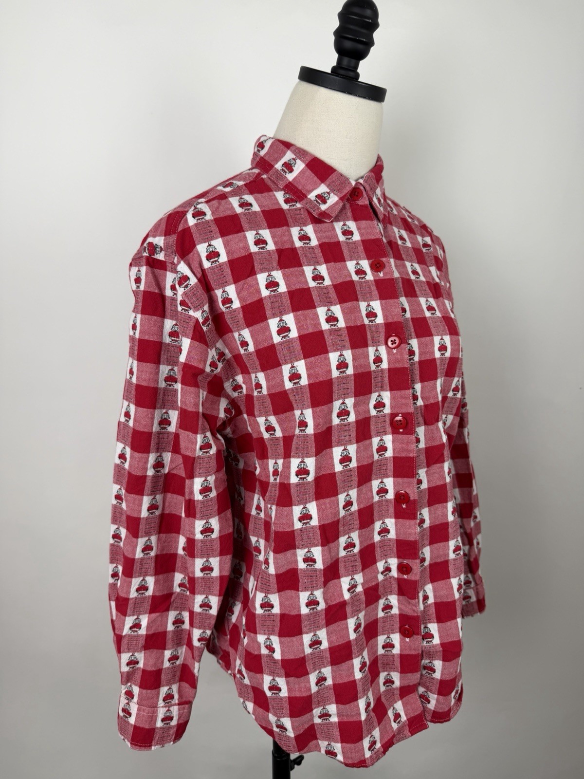 Vintage Christmas Shirt Womens Medium Holiday Santa Claus Red Gingham Plaid 90s