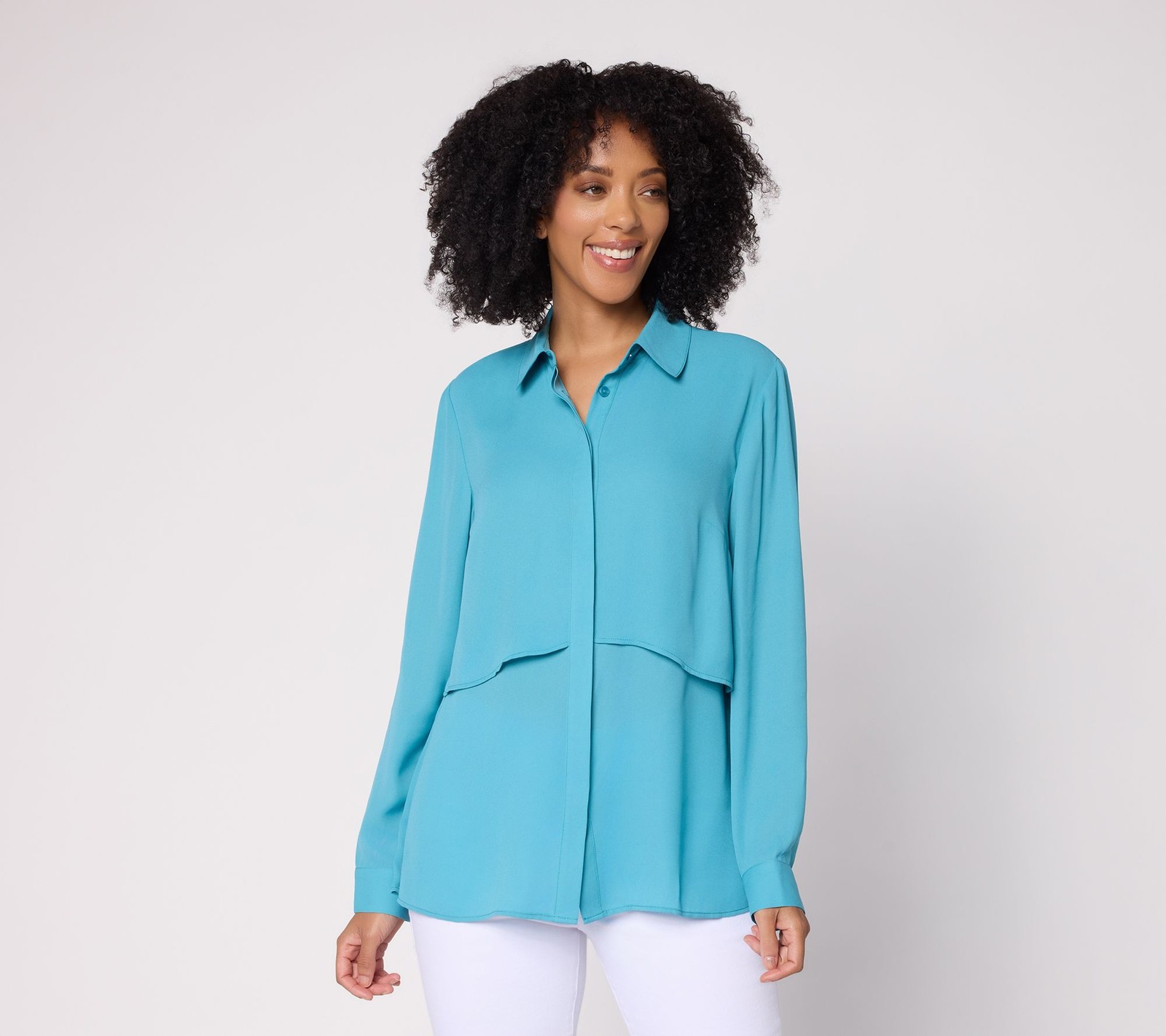 Joan Rivers Classics Collection Georgette Layered Button Front Shirt Dusty Teal