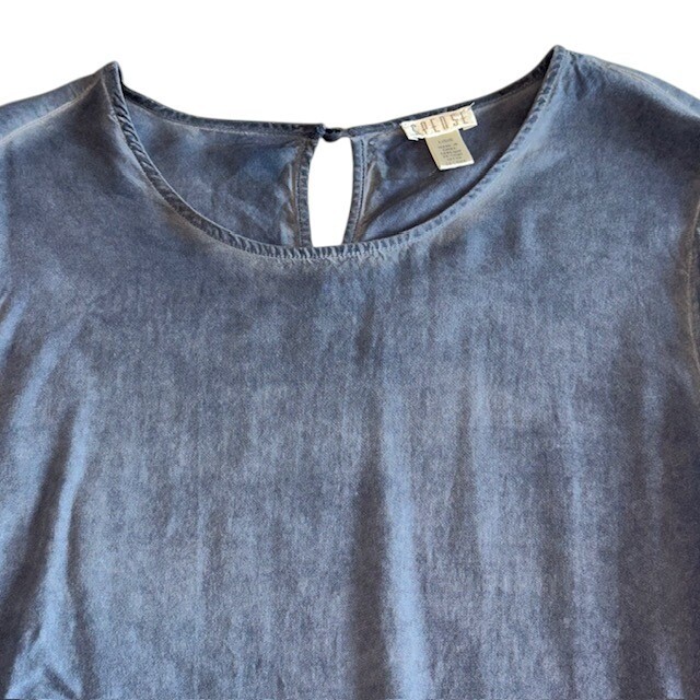 Spense Oil Wash Bell Sleeve Top Crochet Trim Long Sleeve Blouse Blue Size L