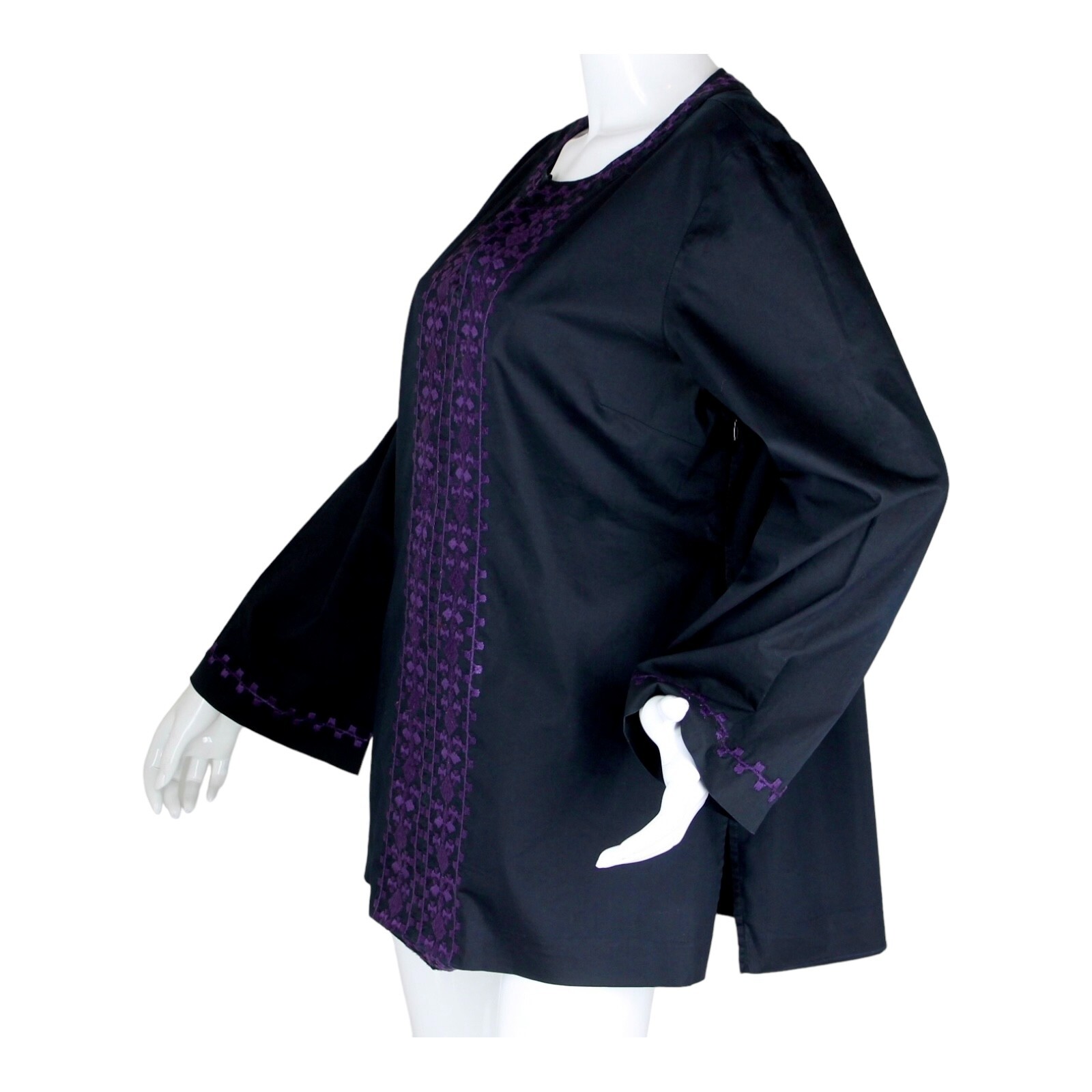 {DANA BUCHMAN} Tunic/Shirt/Top Black w/ Purple Embroidery Cotton Blend Summer ~L