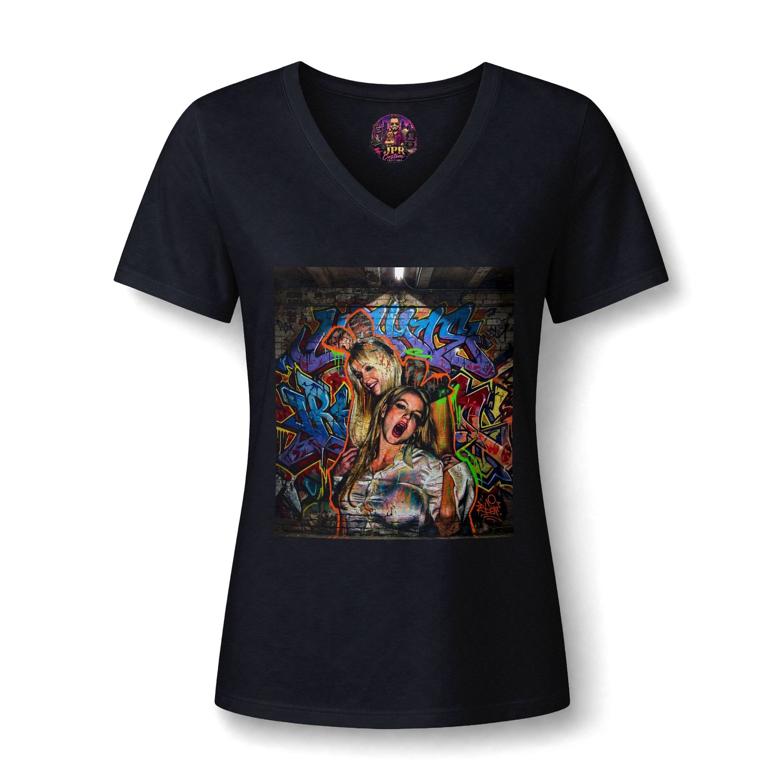 Y2K Pop Icons V-Neck Graphic Tee Neon Graffiti Streetwear Bunny Shirt