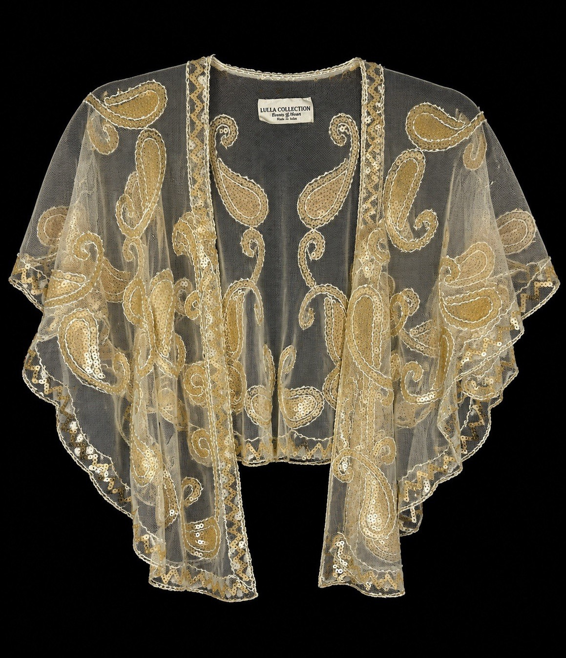 Lulla Collection Women’s M Gold Ivory Sheer Mesh Embroidered Sequin Kimono