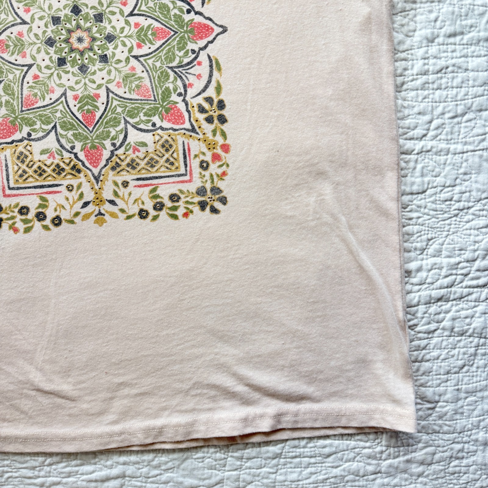 Lucky Brand Boho Pastel Pink Embellished Strawberry Mandala T-shirt Womens Small