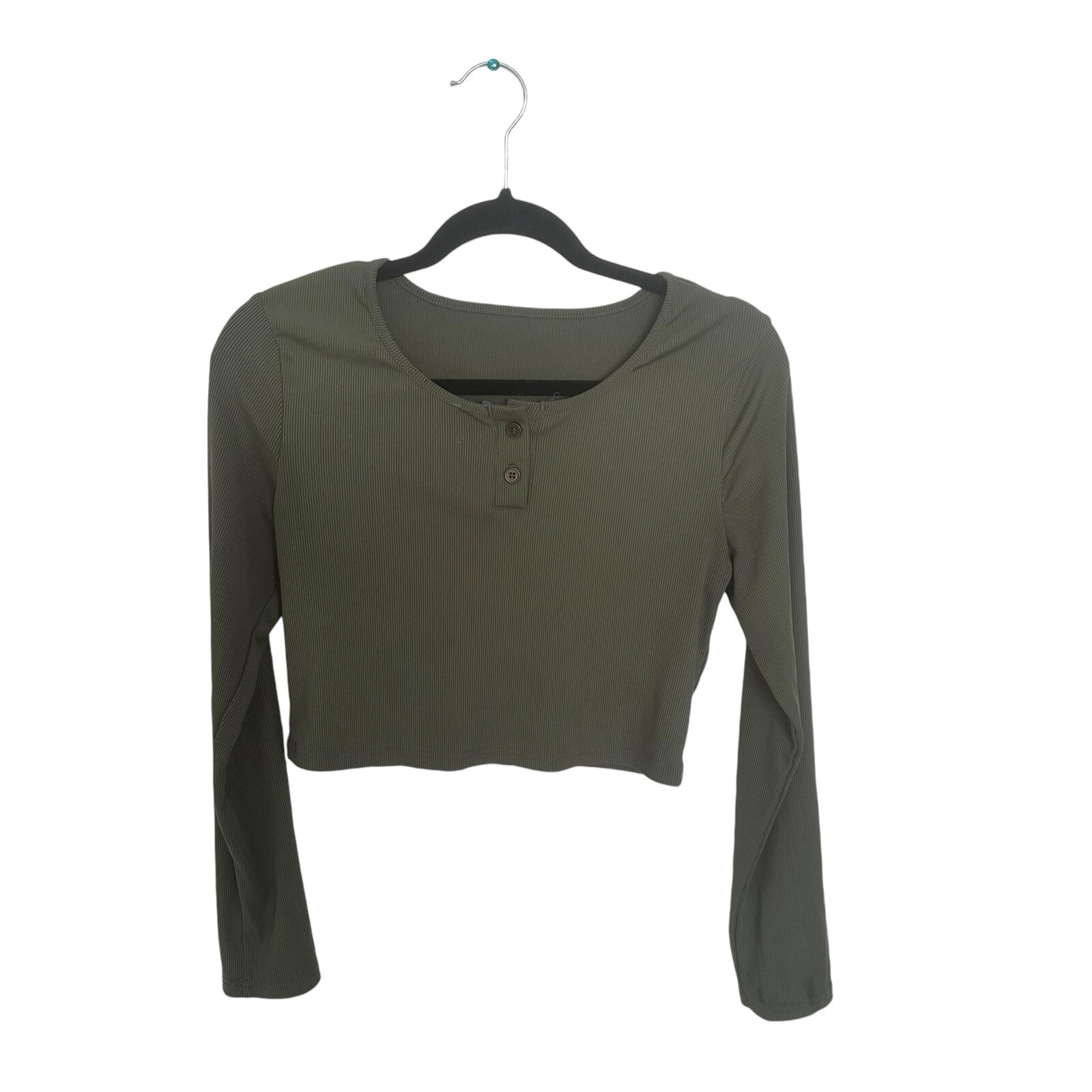 Romwe Size L Crop Long Sleeve Blouse Ribbed Texture Lightweight Green Excellent