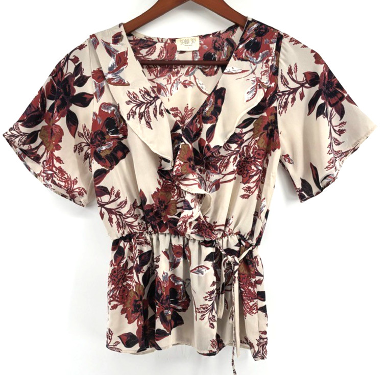 Beige Floral Faux Wrap Peplum Top Sz S Ruffle Boho Cottagecore Romantic Feminine