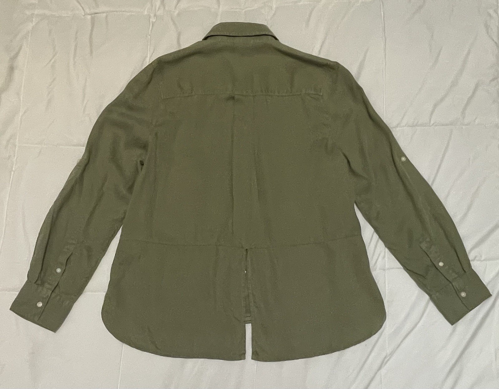NWT Caslon Olive Green Women’s Roll Tab Sleeve Button Down Blouse Small Hi Low