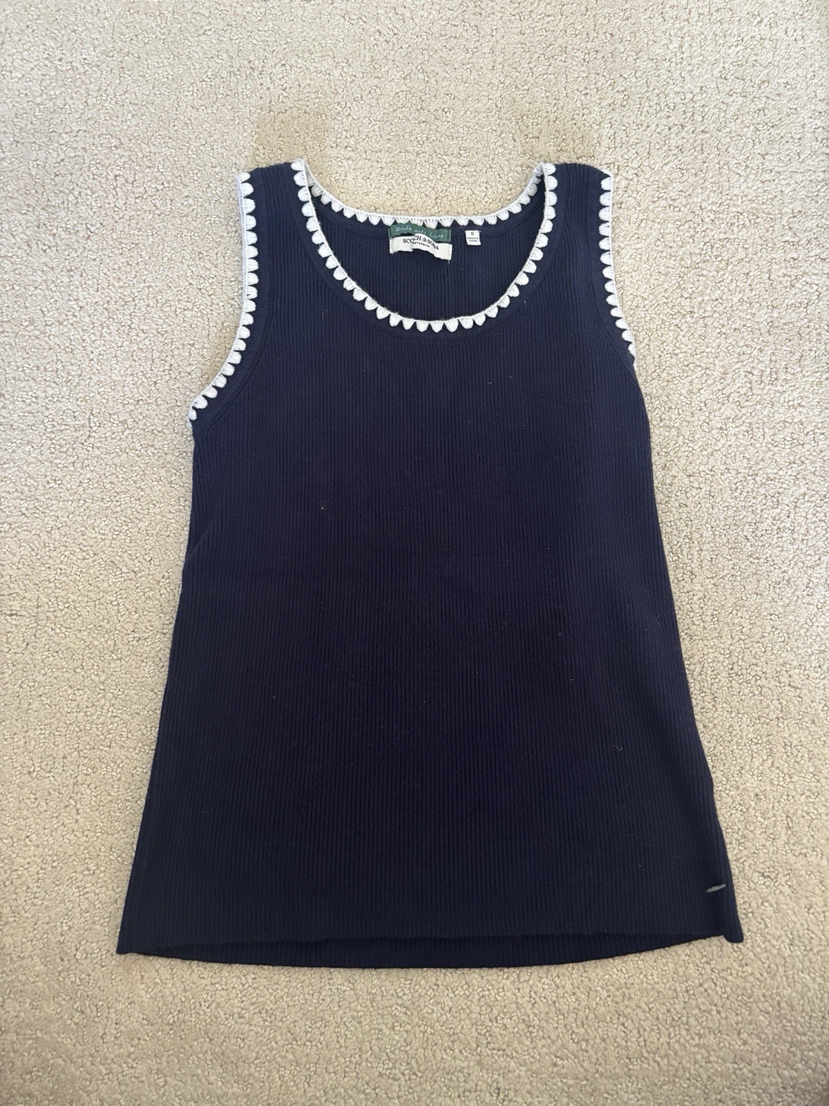 Scotch & Soda Women’s Navy/White Knit Tank Top Crochet Round Neck S