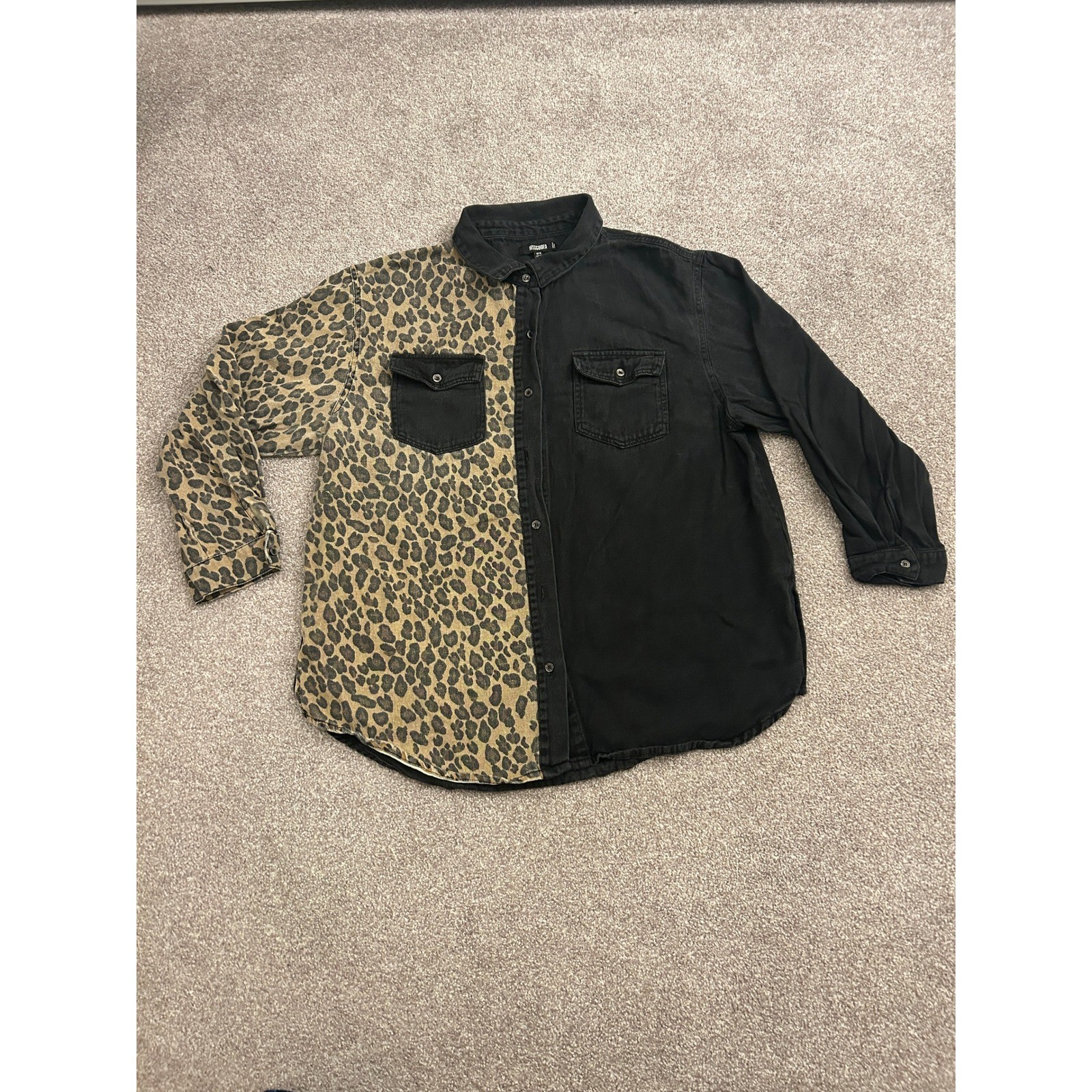 VTG Missguided Denim Shirt Womens 14 Black Leopard Split Animal Print Excellent